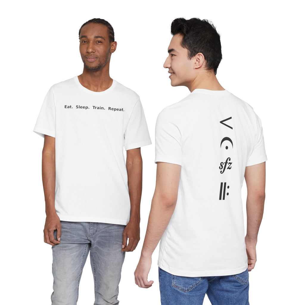 Eat. Sleep. Train. Repeat. Tee — Minimalist Music Symbols T‑Shirt