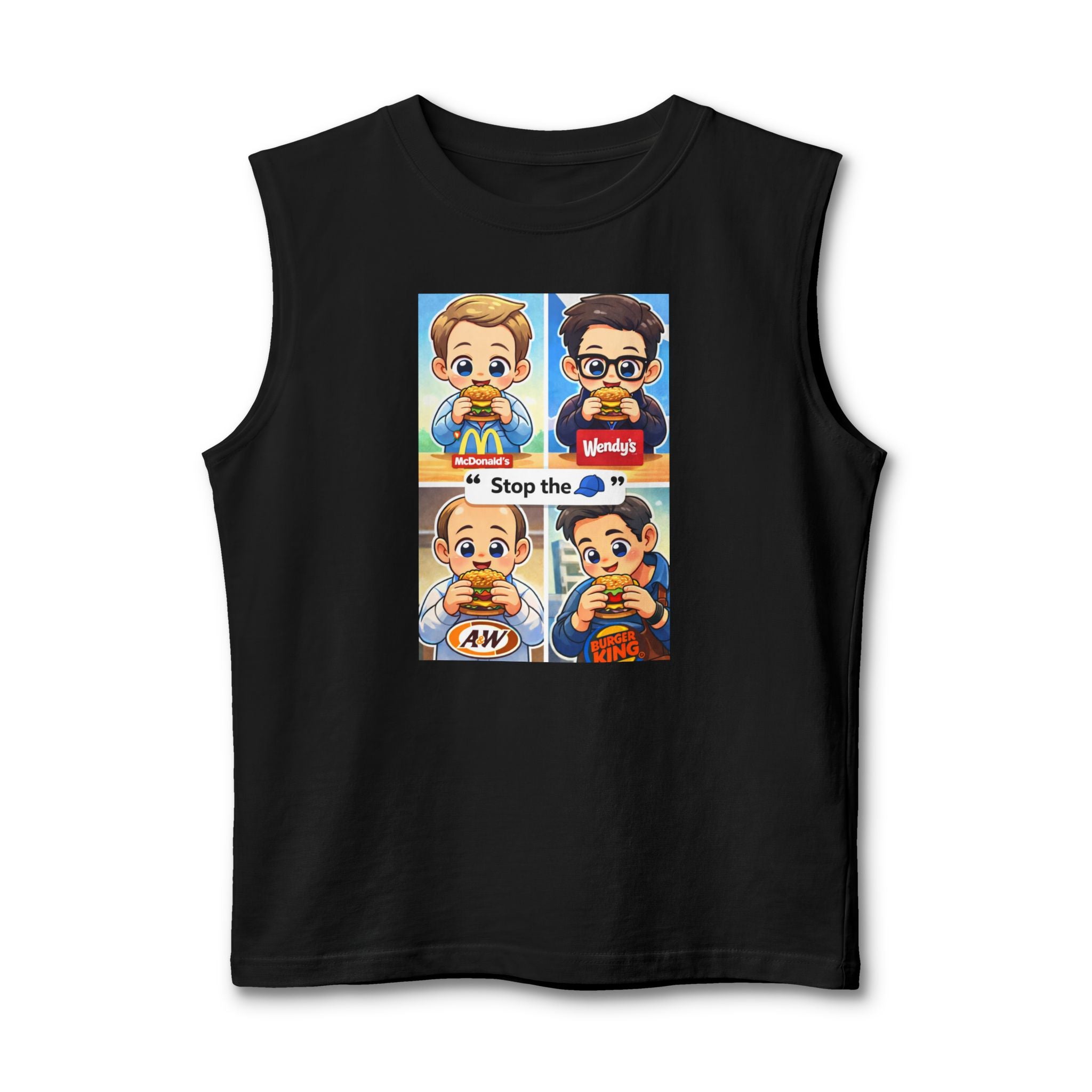 Fast Food Cartoon Split-Panel Muscle Tank — 'Stop the' Graphic