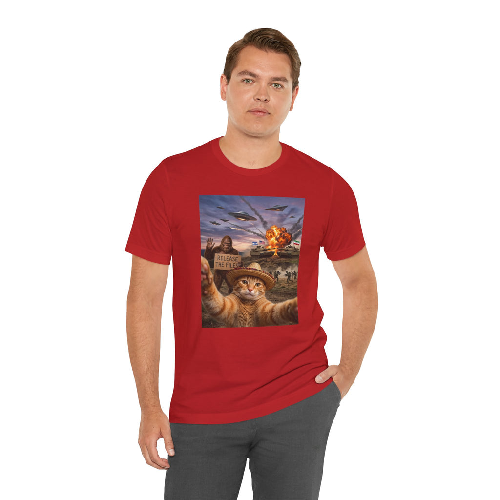 Apocalyptic Cat Selfie T‑Shirt – 'Release the Flies' Surreal Graphic Tee