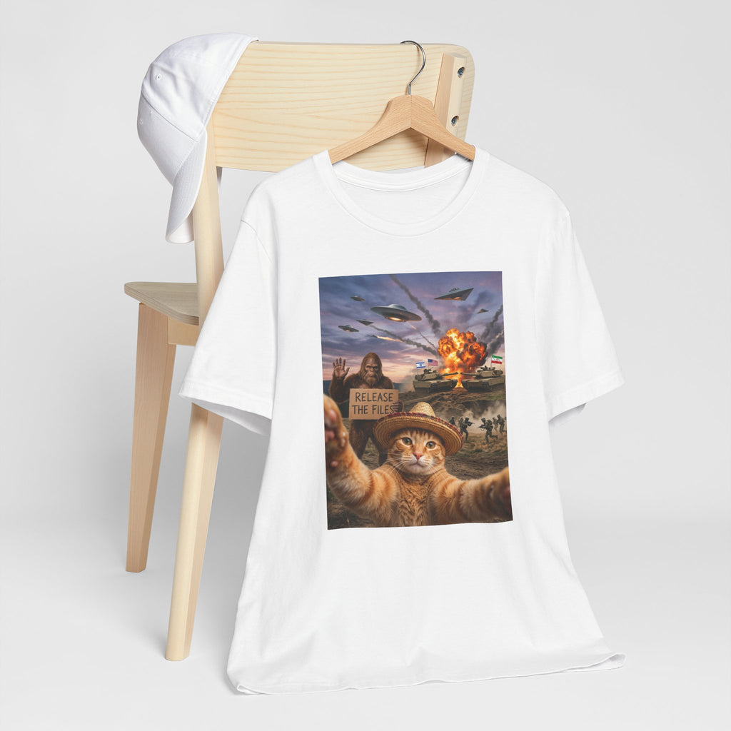 Apocalyptic Cat Selfie T‑Shirt – 'Release the Flies' Surreal Graphic Tee
