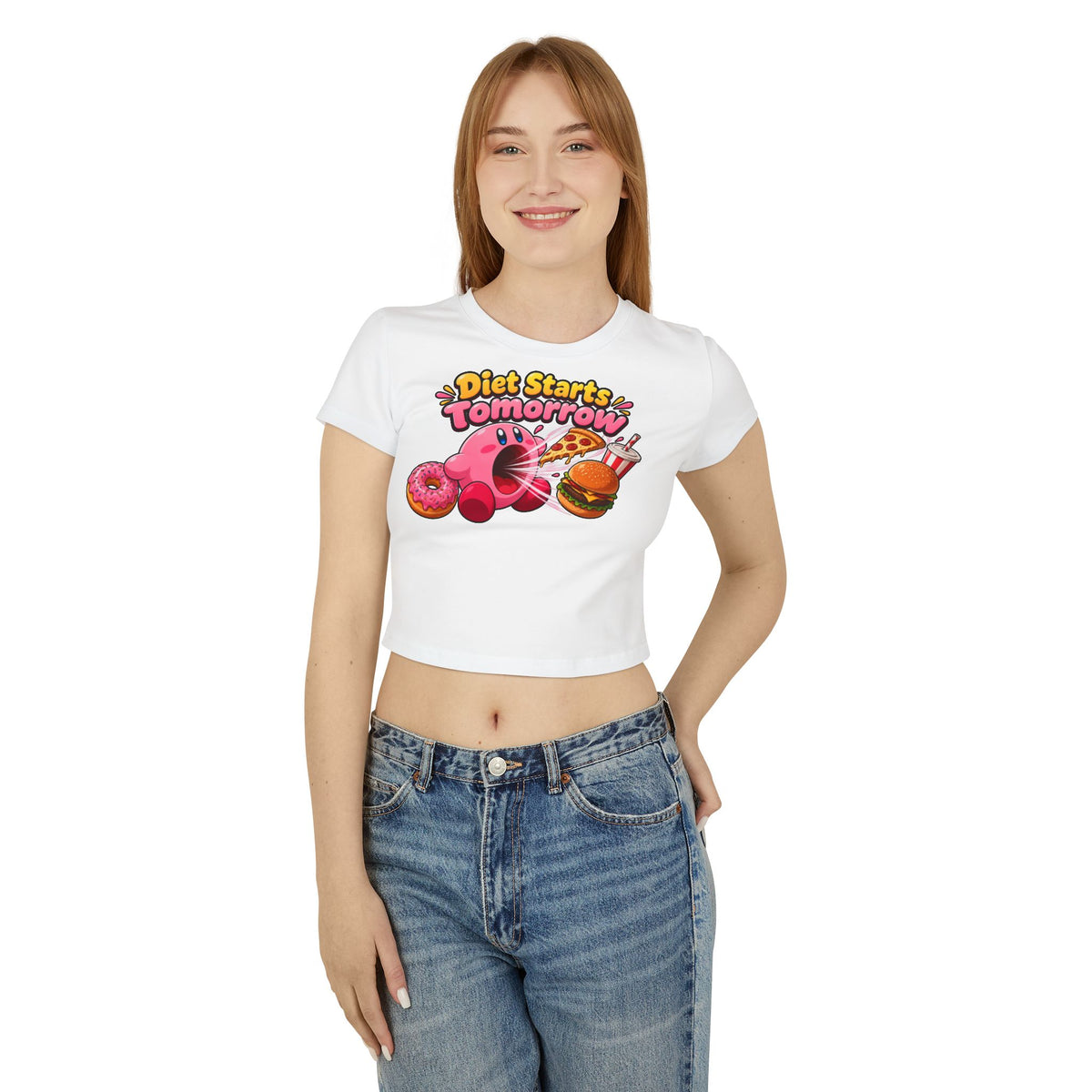 Diet Starts Tomorrow Baby Tee — Cute Kirby Eating Pizza, Donut & Burger Graphic