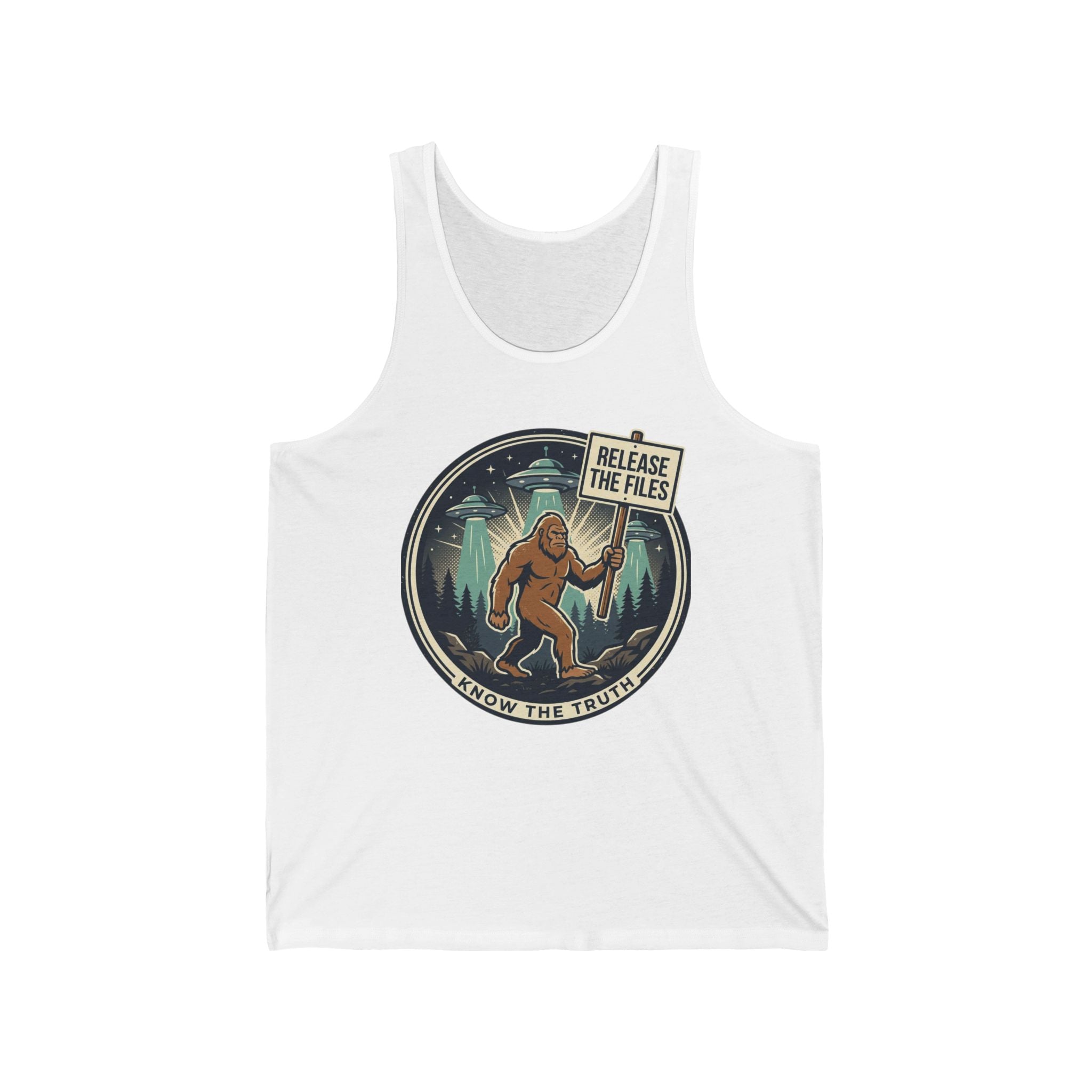 Sasquatch Protest Tank — "Release the Files" Cryptid Graphic Tank Top