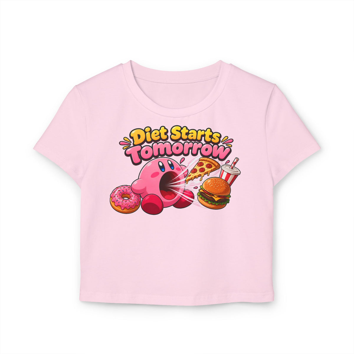 Diet Starts Tomorrow Baby Tee — Cute Kirby Eating Pizza, Donut & Burger Graphic