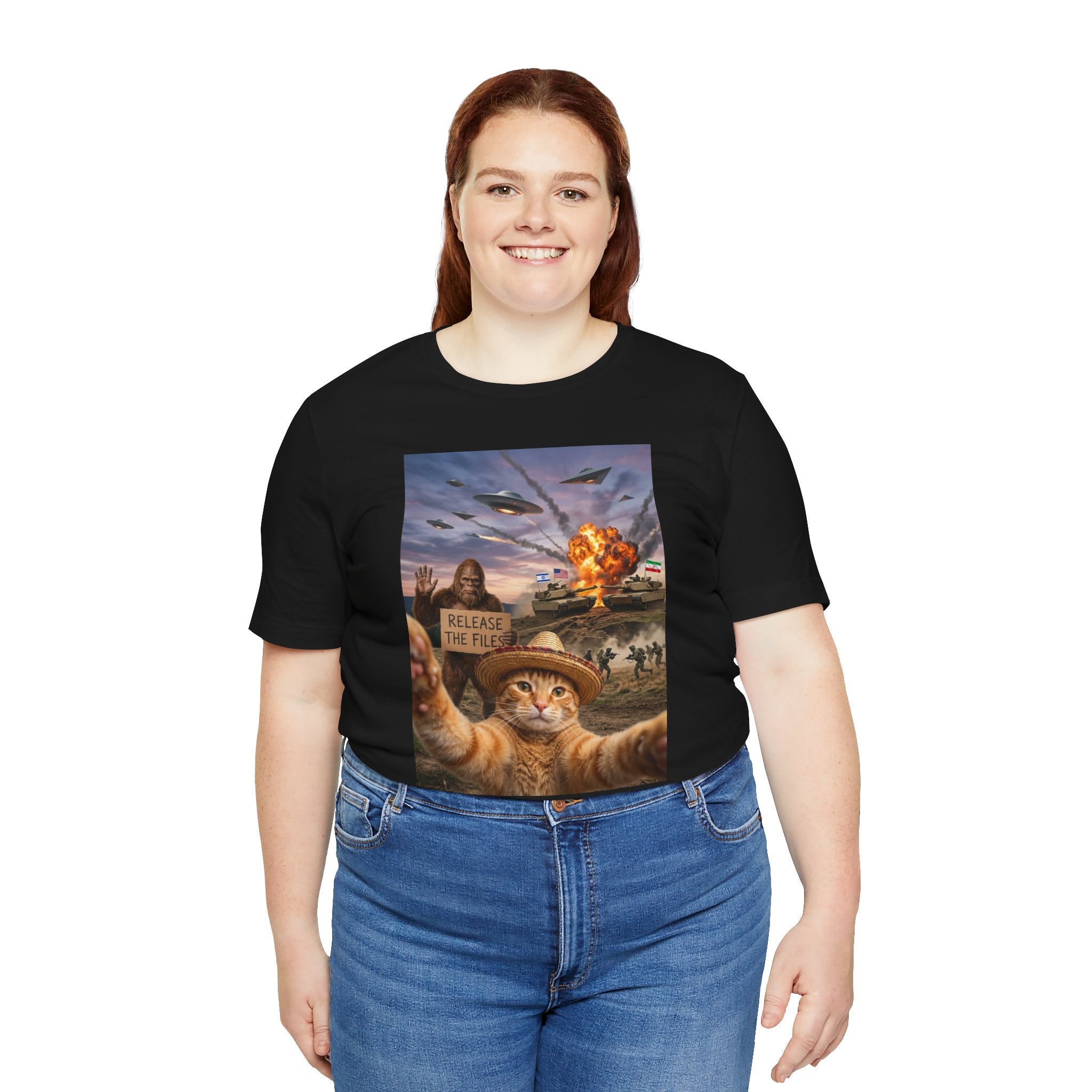 Apocalyptic Cat Selfie T‑Shirt – 'Release the Flies' Surreal Graphic Tee