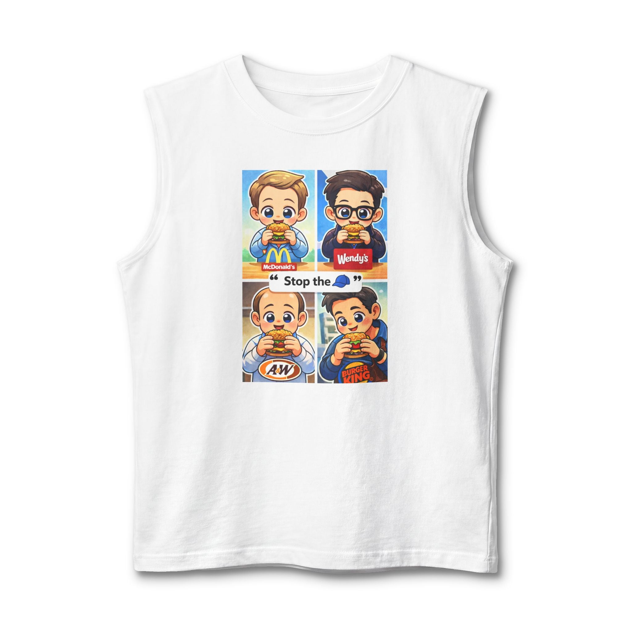 Fast Food Cartoon Split-Panel Muscle Tank — 'Stop the' Graphic