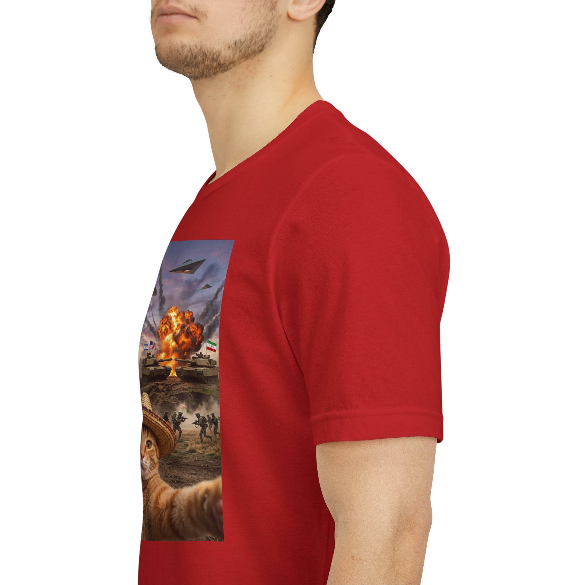 Apocalyptic Cat Selfie T‑Shirt – 'Release the Flies' Surreal Graphic Tee