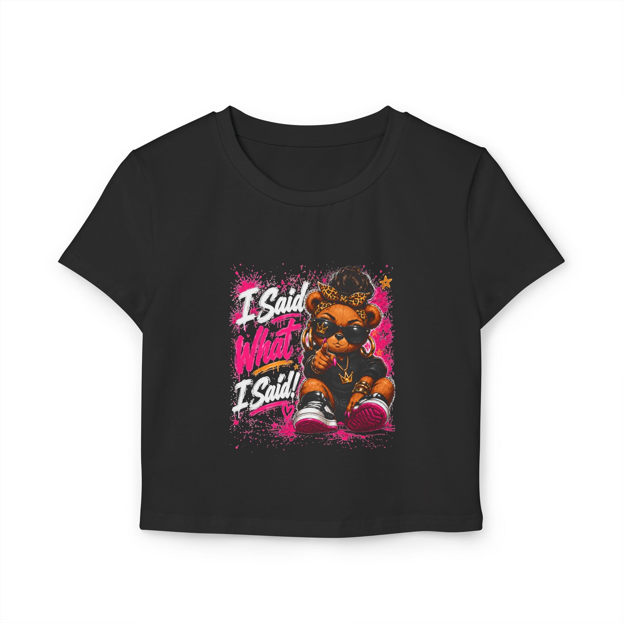 “I said what I said” - Vintage Cute Bear Graphic Crop Tee — 'CUTE' Pink Streetwear Women's Baby Tee