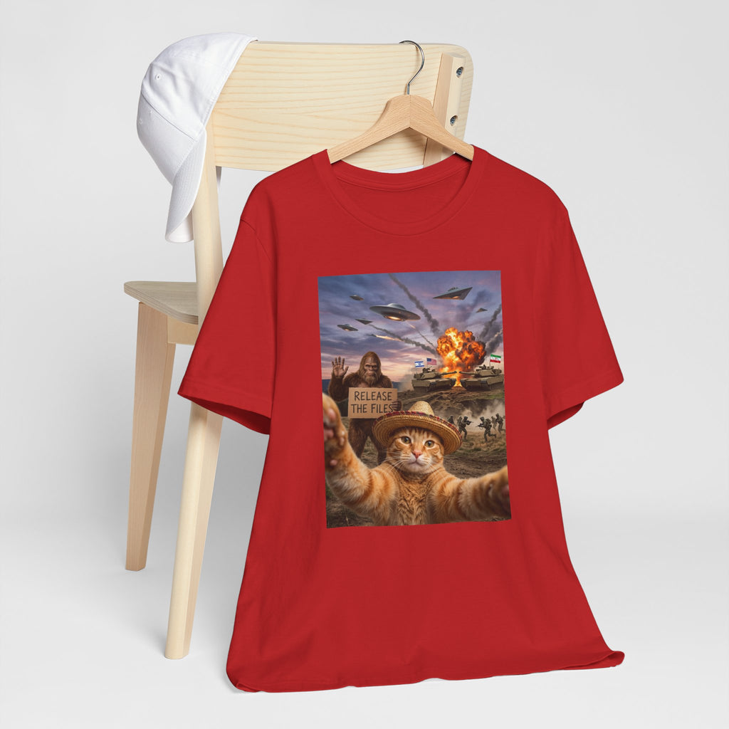 Apocalyptic Cat Selfie T‑Shirt – 'Release the Flies' Surreal Graphic Tee