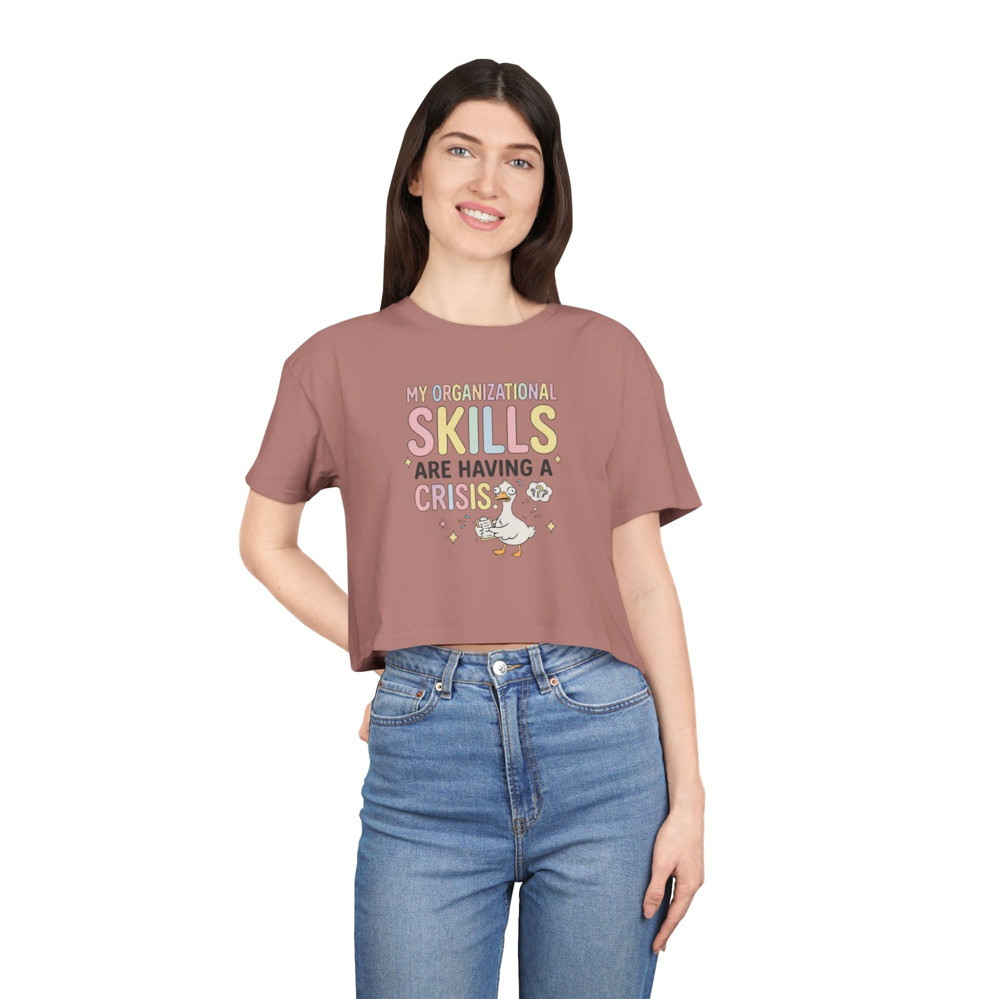 Crop Tee — "My Organizational Skills Are Having a Crisis" Cute Pastel Graphic