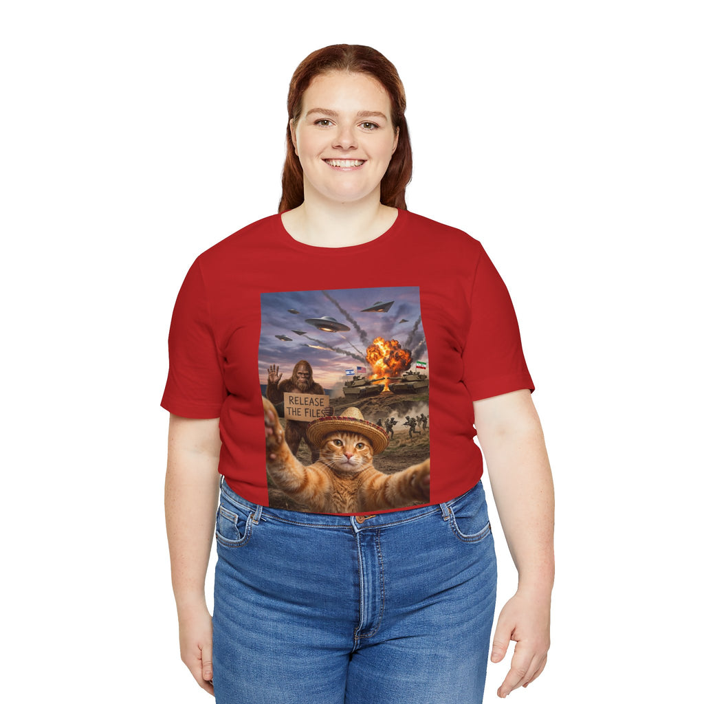 Apocalyptic Cat Selfie T‑Shirt – 'Release the Flies' Surreal Graphic Tee