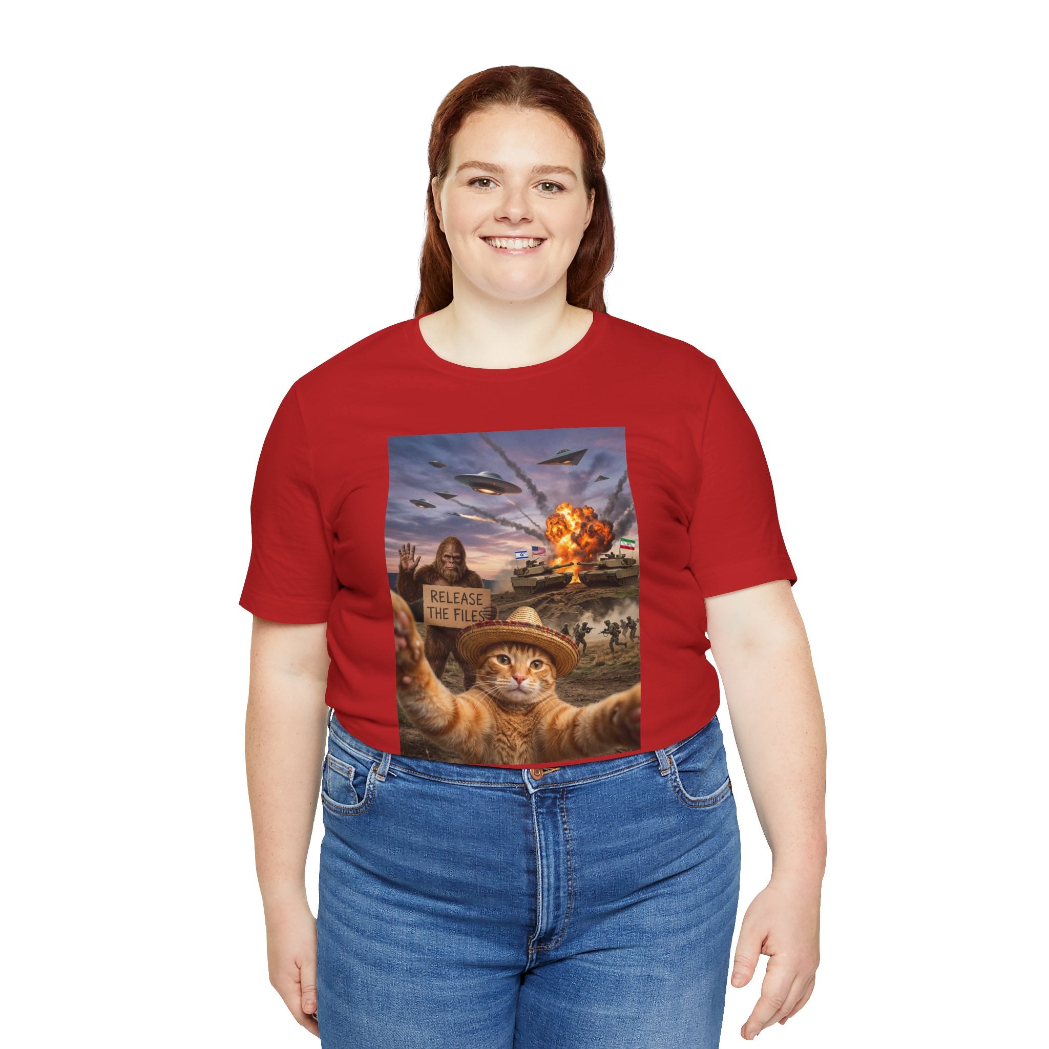 Apocalyptic Cat Selfie T‑Shirt – 'Release the Flies' Surreal Graphic Tee
