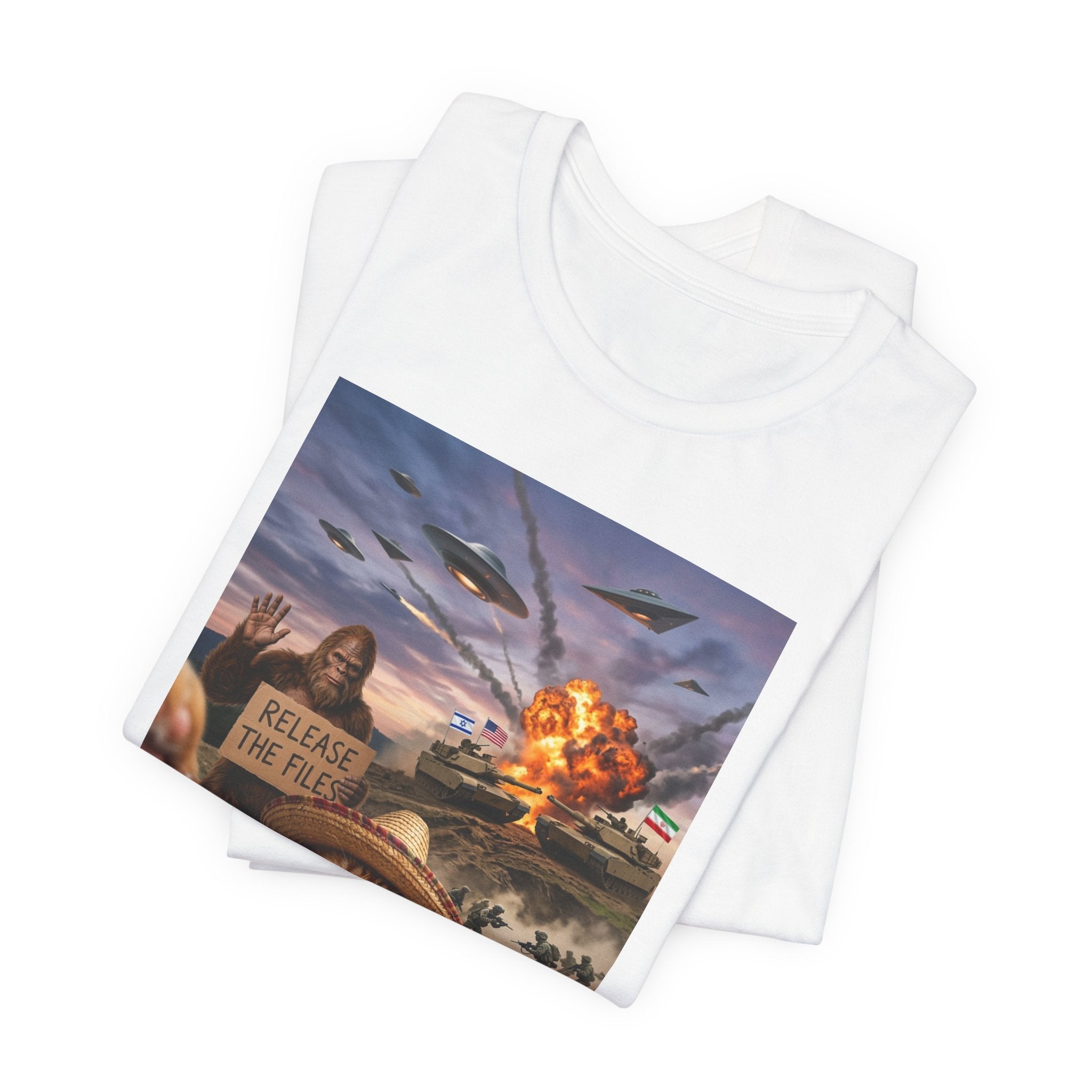 Apocalyptic Cat Selfie T‑Shirt – 'Release the Flies' Surreal Graphic Tee