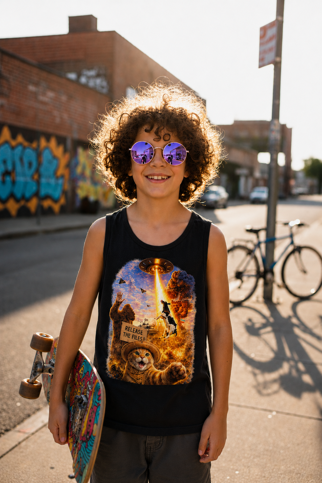 Alien Abduction Cat Selfie Muscle Tank — UFO World Chaos Graphic Tank