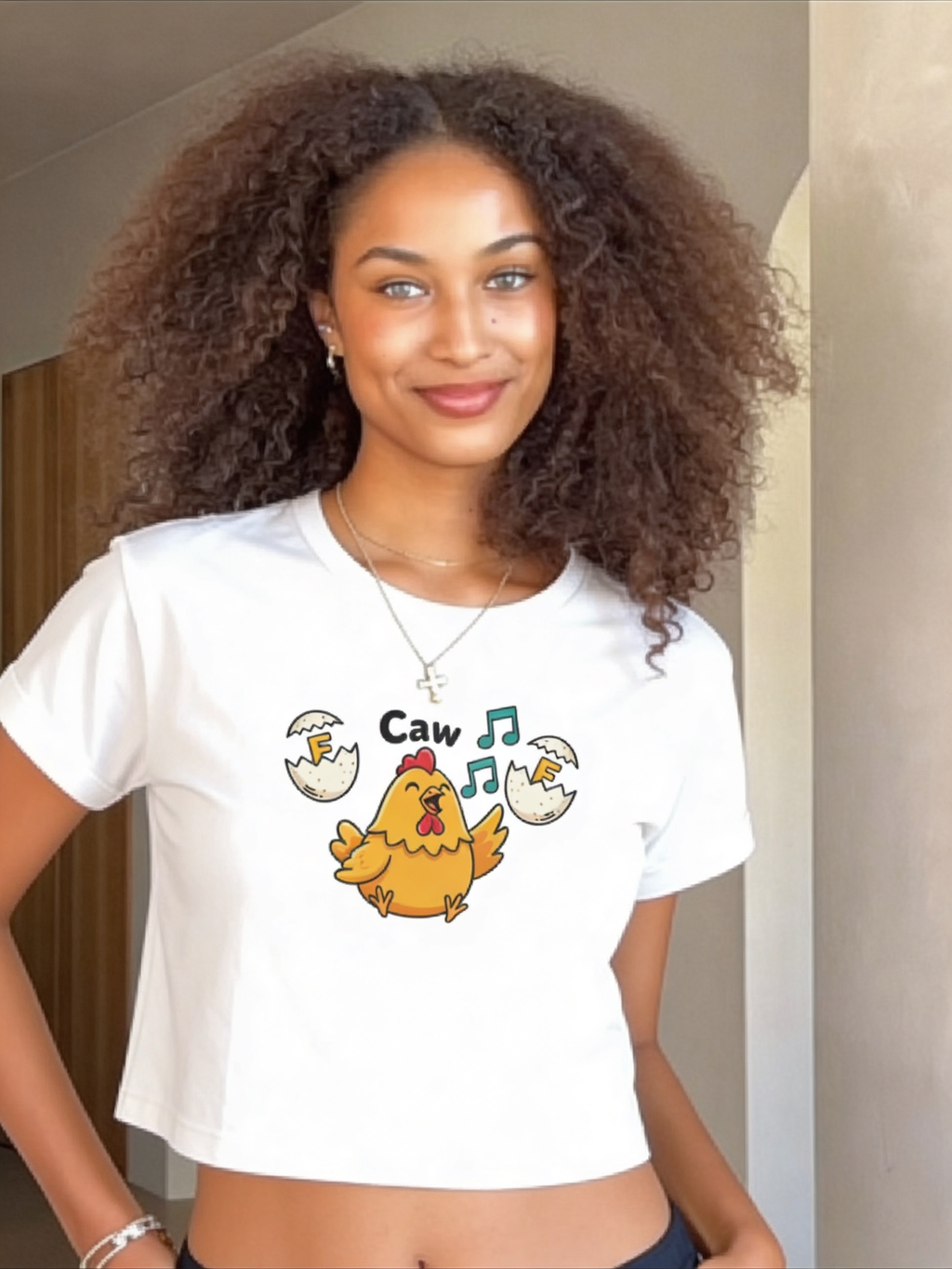 Cute Chick ‘Caw’ Graphic Crop Tee — Funny Chicken Cartoon Top