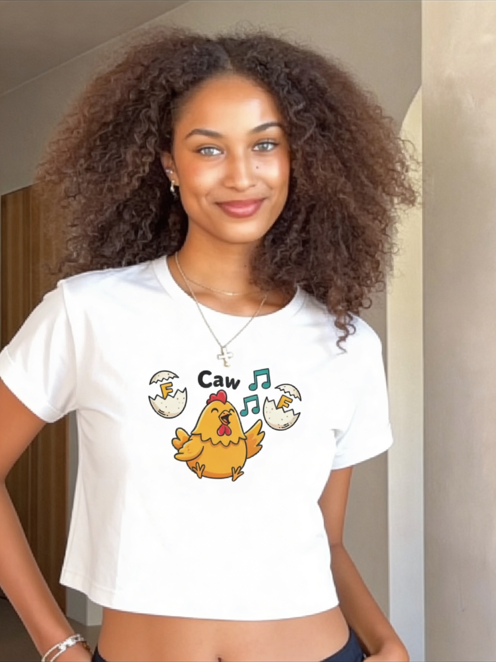 Cute Chick ‘Caw’ Graphic Crop Tee — Funny Chicken Cartoon Top