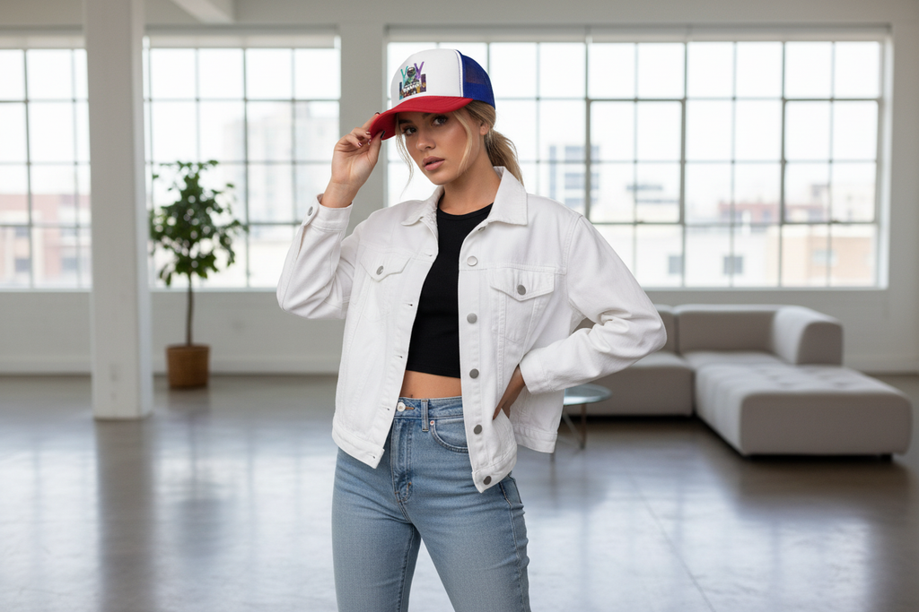 Female model wearing Trucker Caps