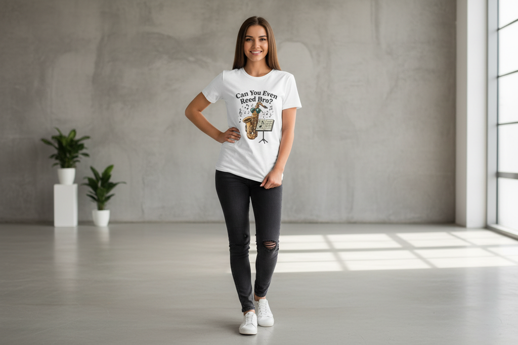Model wearing Can you even reed bro shirt